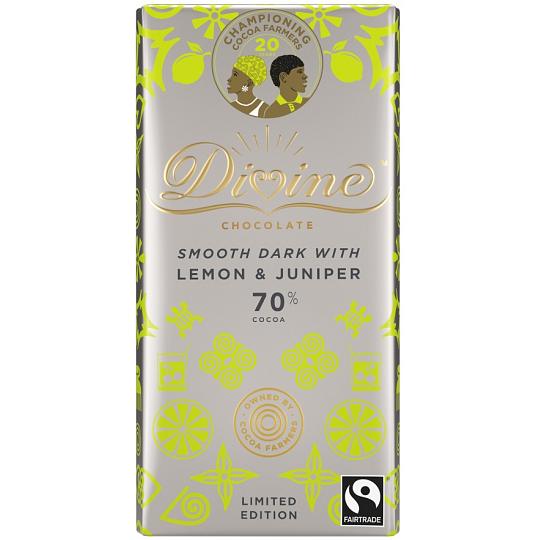 Divine 70% Dark Chocolate Bar with Lemon & Juniper 90g