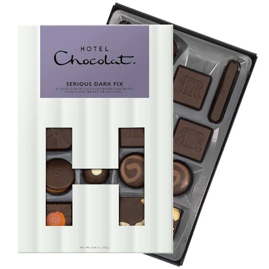 The Hotel Chocolat Serious Dark Fix H-Box Chocolate Box is a box of chocolates with just dark chocolate.