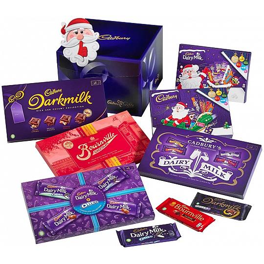 Cadbury Christmas Chocolate Selection Box Hamper, Five Cadbury chocolate selection box in a hamper for Christmas.