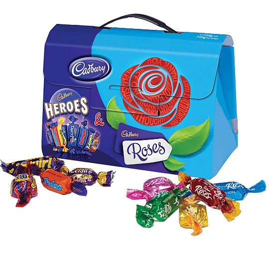 A box of Cadbury Heroes & Cadbury Roses, presented in a handbag style box with a handle.