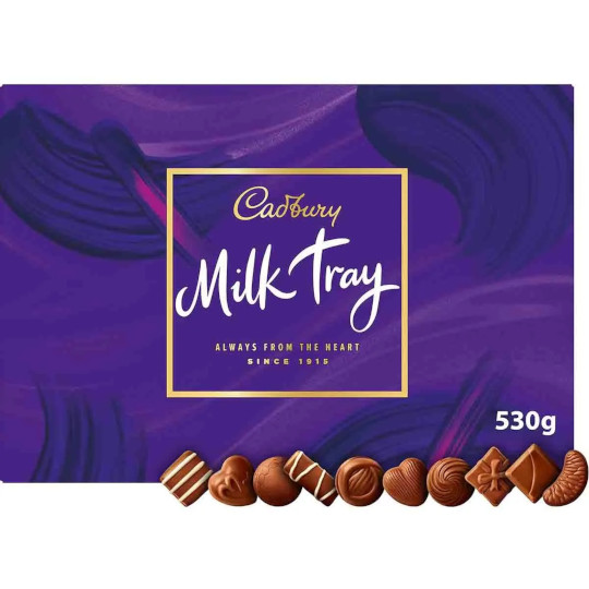 The Cadbury Milk Tray Chocolate Box 530g, the biggest box of Cadbury Milk Tray and the most popular box of chocolates from Cadbury, the biggest box of Cadbury Milk Tray.