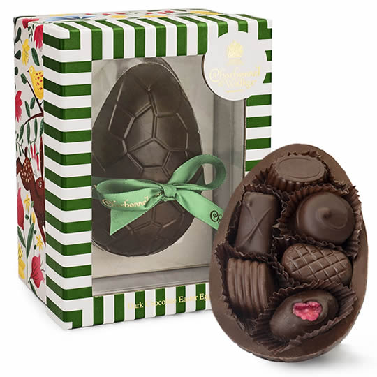 Charbonnel et Walker Dark Chocolate Easter Egg 225g, boxed Easter egg with half egg and chocolates on display,
