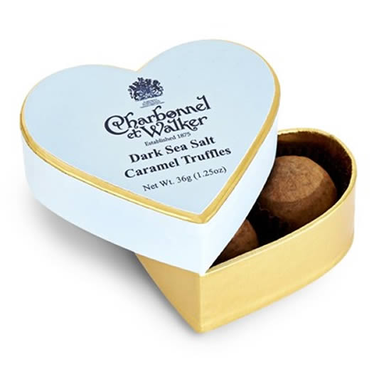 Charbonnel et Walker Dark Sea Salt Caramel Truffles Mini Heart Shaped Chocolate Box 36g, a small blue and gold small heart shaped chocolate box with chocolate truffles inside. 