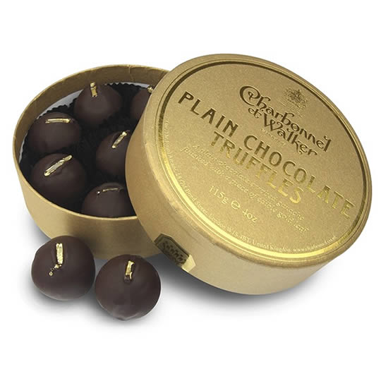 Charbonnel et Walker Plain Chocolate Truffles 115g, a round box of dark chocolate truffles finished with  edible gold leaf.