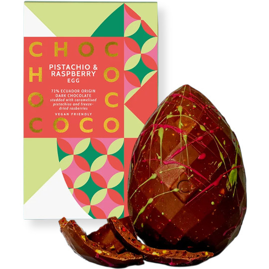CHOCOCO Pistachio & Raspberry 72% Cocoa Dark Chocolate Easter Egg
