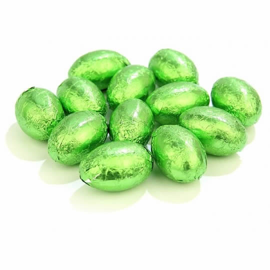 Chocolate Trading Co. Green Solid Milk Chocolate Mini Eggs, chocolate eggs wrapped in green foil.