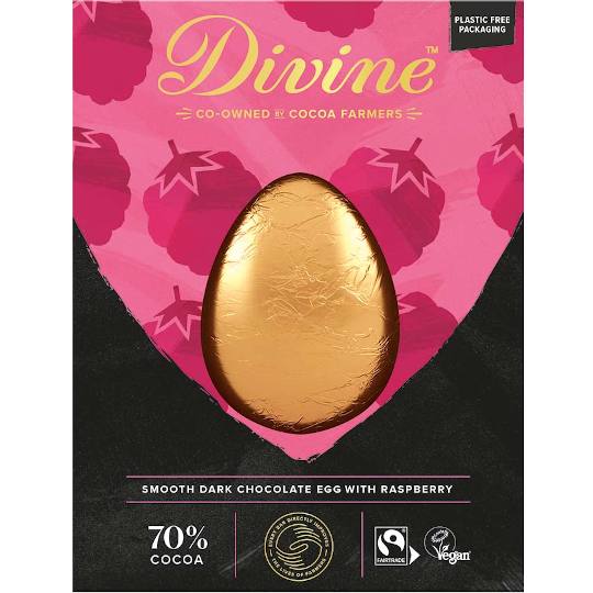 Buy Divine 70% Dark Chocolate Easter Egg with Raspberries from ethicalsuperstore Divine 70% Dark Chocolate Easter Egg with Raspberries