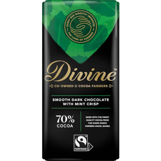Divine Smooth Dark Chocolate with Mint Crisp 70% Cocoa Chocolate Bar 90g