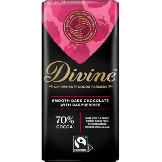 Buy Divine Smooth Dark Chocolate with Raspberries 70% Cocoa Chocolate Bar 90g from ethicalsuperstore Divine Smooth Dark Chocolate with Raspberries 70% Cocoa Chocolate Bar 90g
