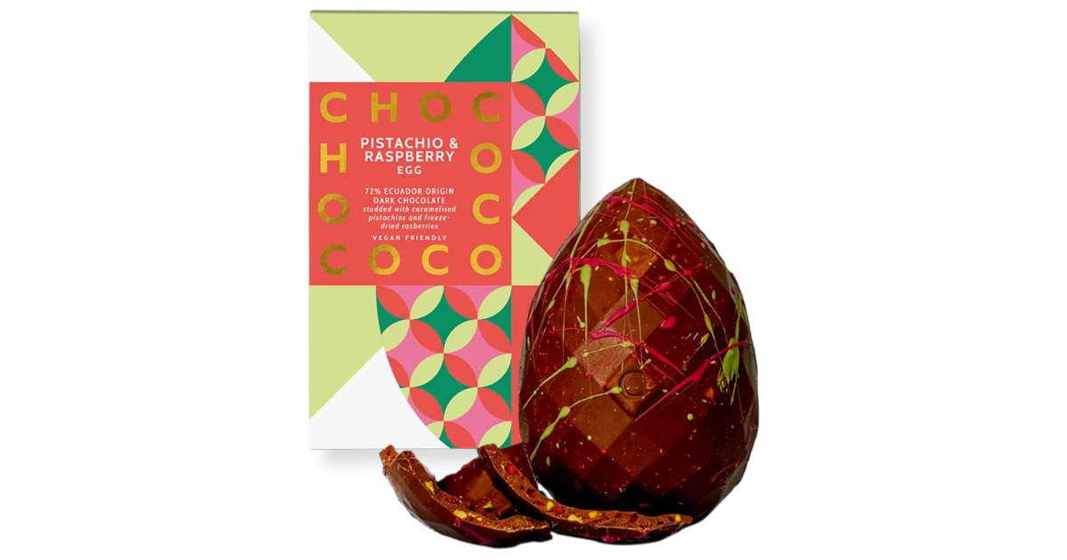 CHOCOCO Pistachio & Raspberry 72% Cocoa Dark Chocolate Easter Egg ...