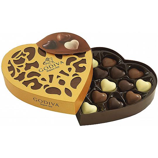 Godiva Coeur Grand 14 Piece Chocolate Box, a heart shaped chocolate box filled with chocolate hearts.