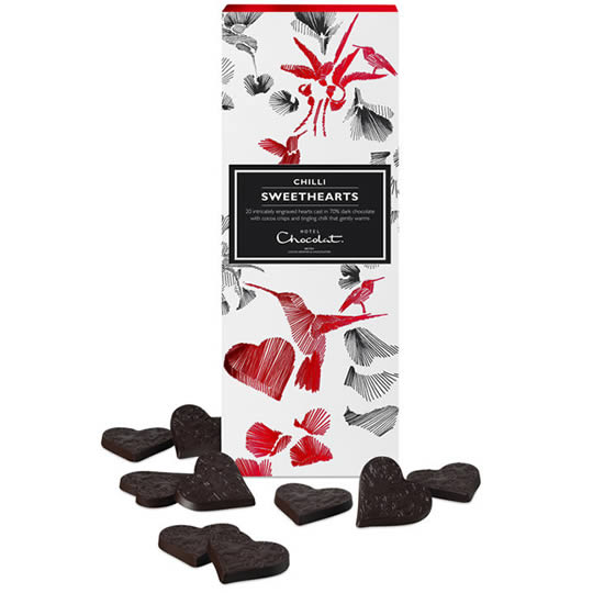 Hotel Chocolat Dark Chocolate Chilli Sweethearts, mini dark chocolate hearts in a romantic box.
