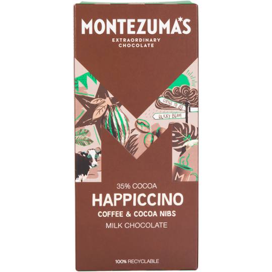 Montezuma’s Happiccino 35% Cocoa Milk Chocolate Bar with Coffee & Cocoa Nibs 90g