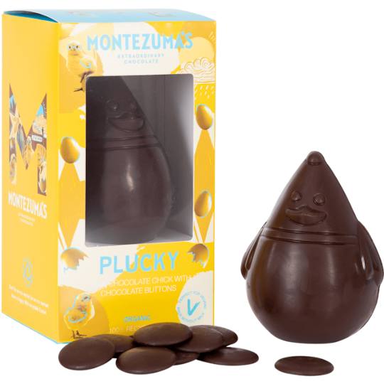 Buy Montezuma’s Plucky Dark Chocolate Easter Egg Chick with Buttons from ethicalsuperstore Montezuma’s Plucky Dark Chocolate Easter Egg Chick with Buttons